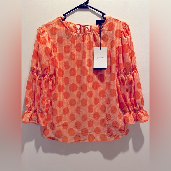 WHO WHAT WEAR, Size XS, Orange Gingham/Polka Dot Ballon Sleeve Blouse NWT - Picture 6 of 7